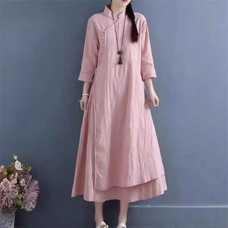 

Chinese Style Button Up Improved Cotton And Linen Dress 2024 Spring Autumn Double Layered Artistic Retro Women's Clothing K1728