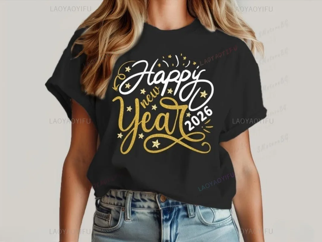 2026 New Year's Shirt Christmas T Shirt Hello 2026 Merry Christmas Pure Cotton Tee Casual Breathable Streetwear Funny Shirt