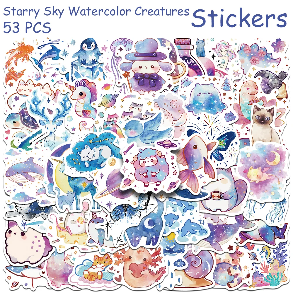 50pcs Starry Sky Watercolor Creatures Stickers Decals For Phone Laptop Scrapbook Suitcase DIY Aesthetic Stickers Creative Gifts
