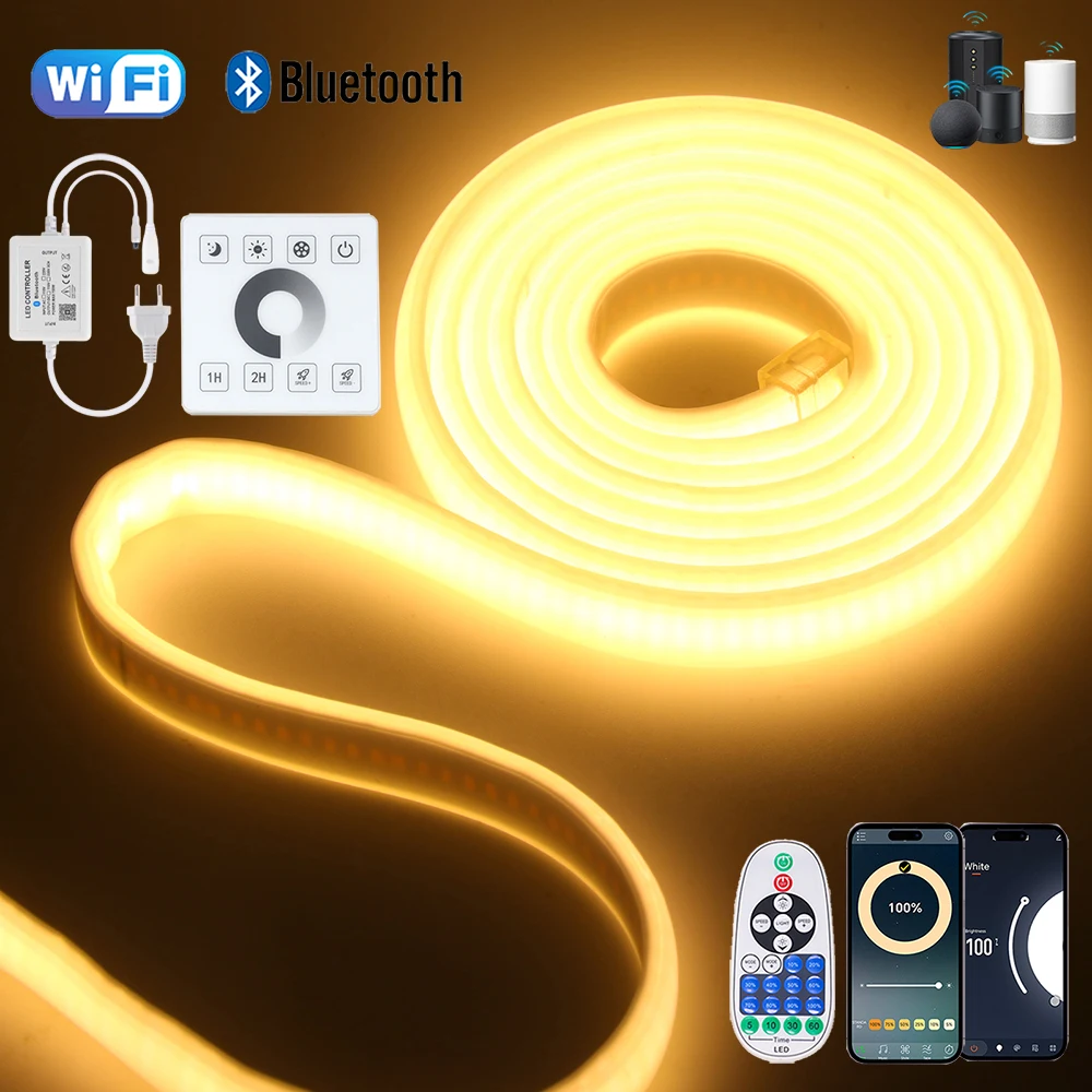 WIFI Bluetooth 220V Dimmable COB LED Strip Light Wall Touch 23key Remote 750W Controller 288LEDs Waterproof Flex Lamp Home Decor
