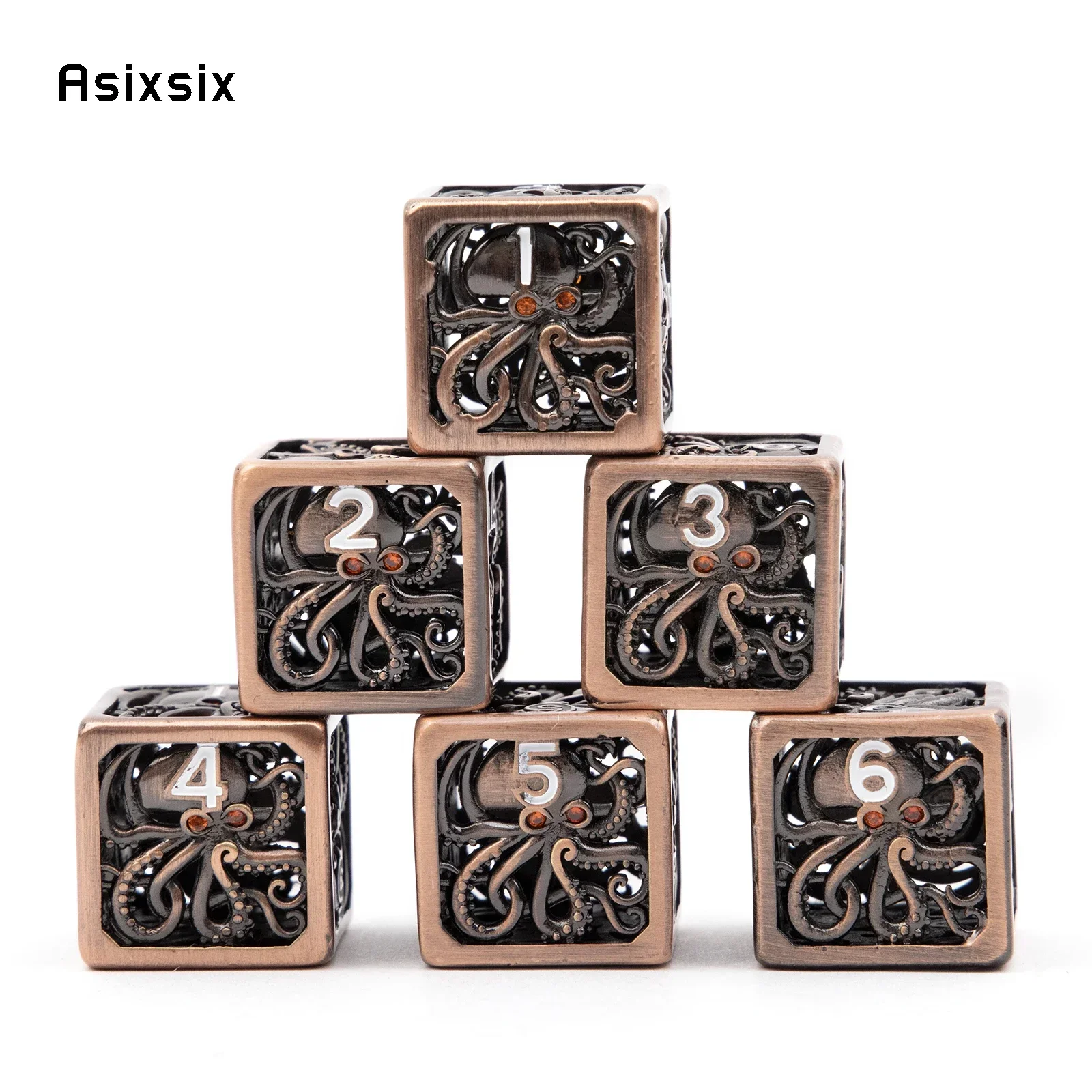 

6 Pcs Coppery Squid Metal Dice Hollow Metal Polyhedral Dice Set Suitable For Role-Playing Game