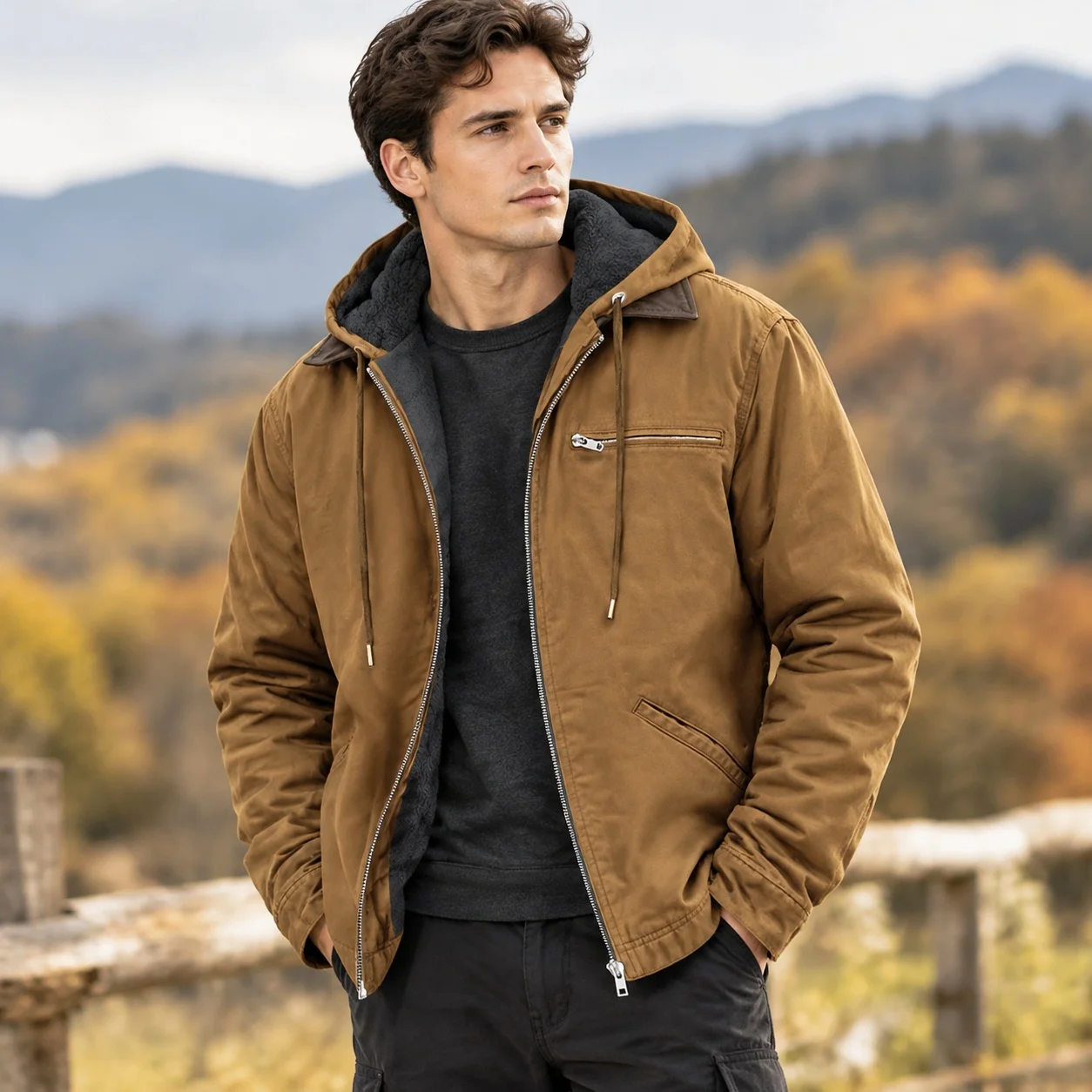 Hooded Pocket Coat Relaxed Fit with Winter Standing Pocket Print Winter Jacket Daily Zipper Front Zipper Autumn Jacket for Men