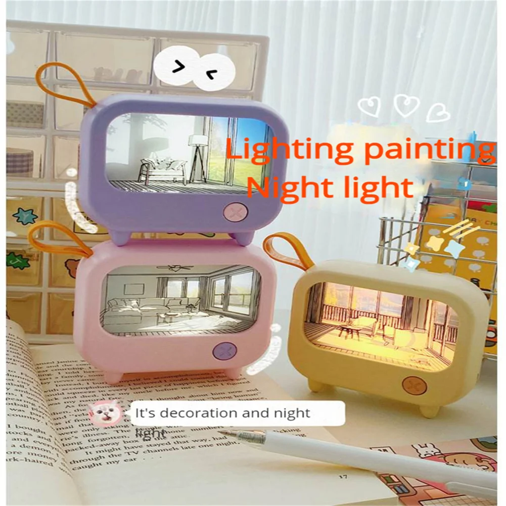 Cute TV Painting LED Night Light 2-Level Lighting Learning Table Lamp USB Charging Mini Desktop Light Birthday Gift