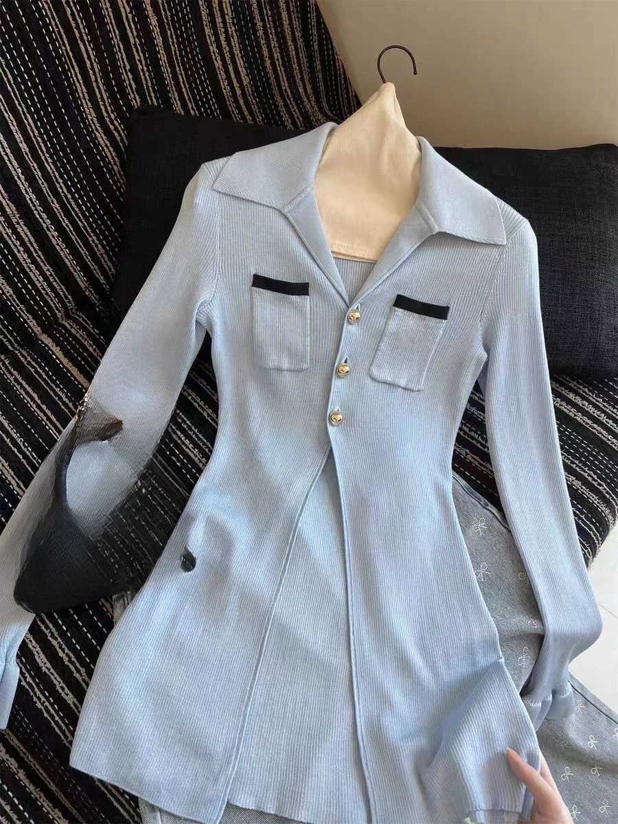 

Blue Knit Long Sleeve Ruffles Frilled Cardigan Tops 2025