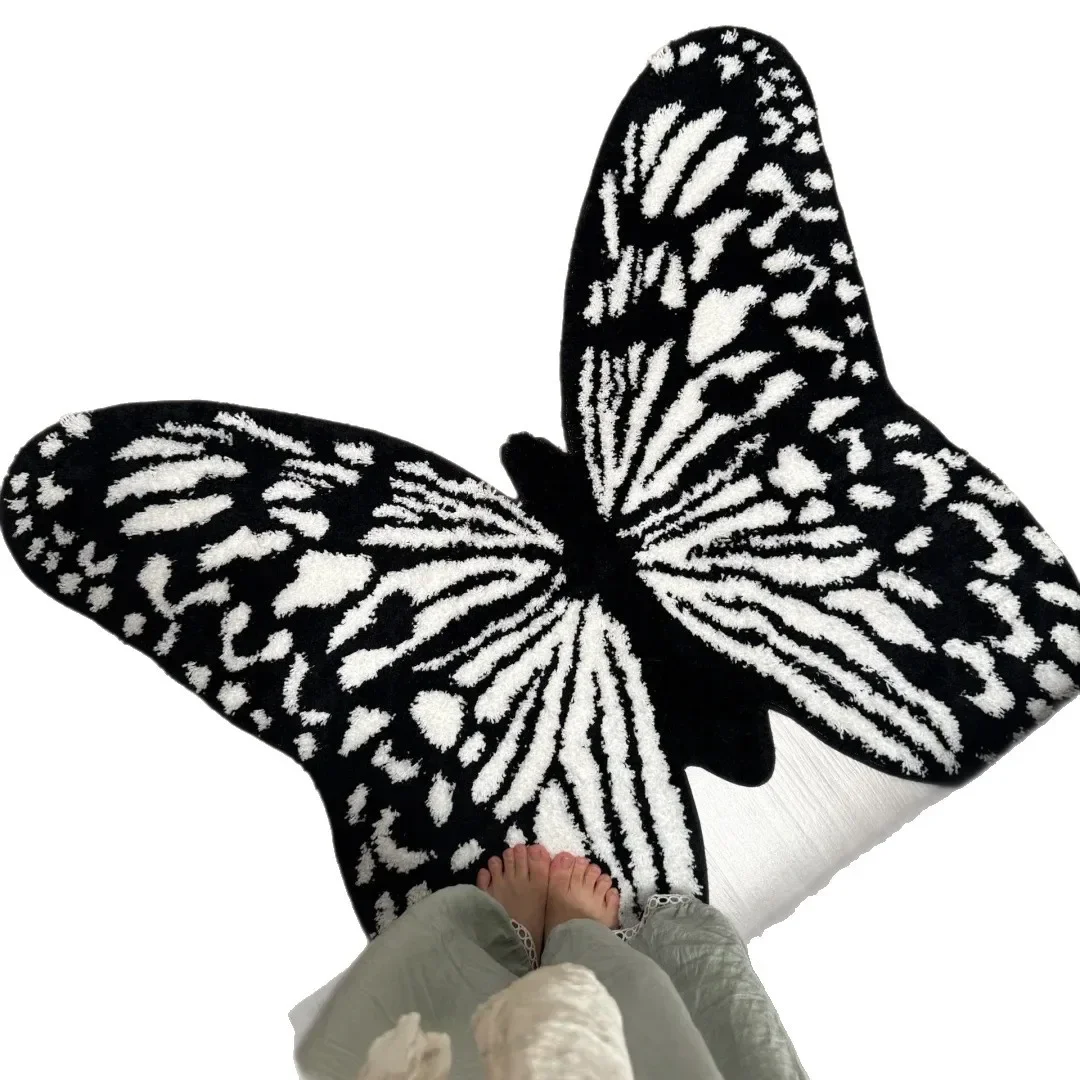High Low Pile Flocked Rug Black White Butterfly Pattern Luxury Floor Mat For Living Room Bedroom Bedside Decor Carpet