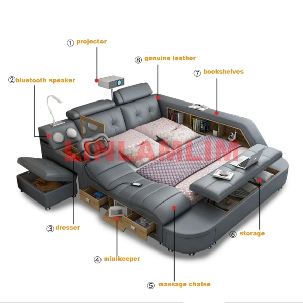 Genuine Leather Bed Multifunctional Beds Ultimate Camas Massage Bed Upholstered Lit with Bluetooth,Speaker,Massager,Projector,Mi