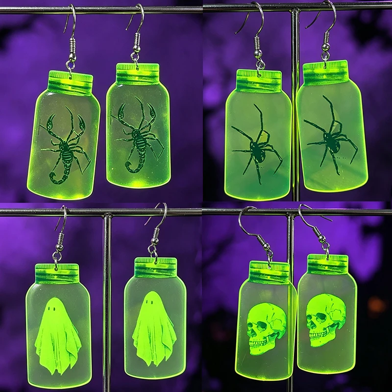 New Halloween Horror Ghost Skull Acrylic Fluorescent Green Bottle Earrings Black Spider Scorpion Halloween Decorative Earrings
