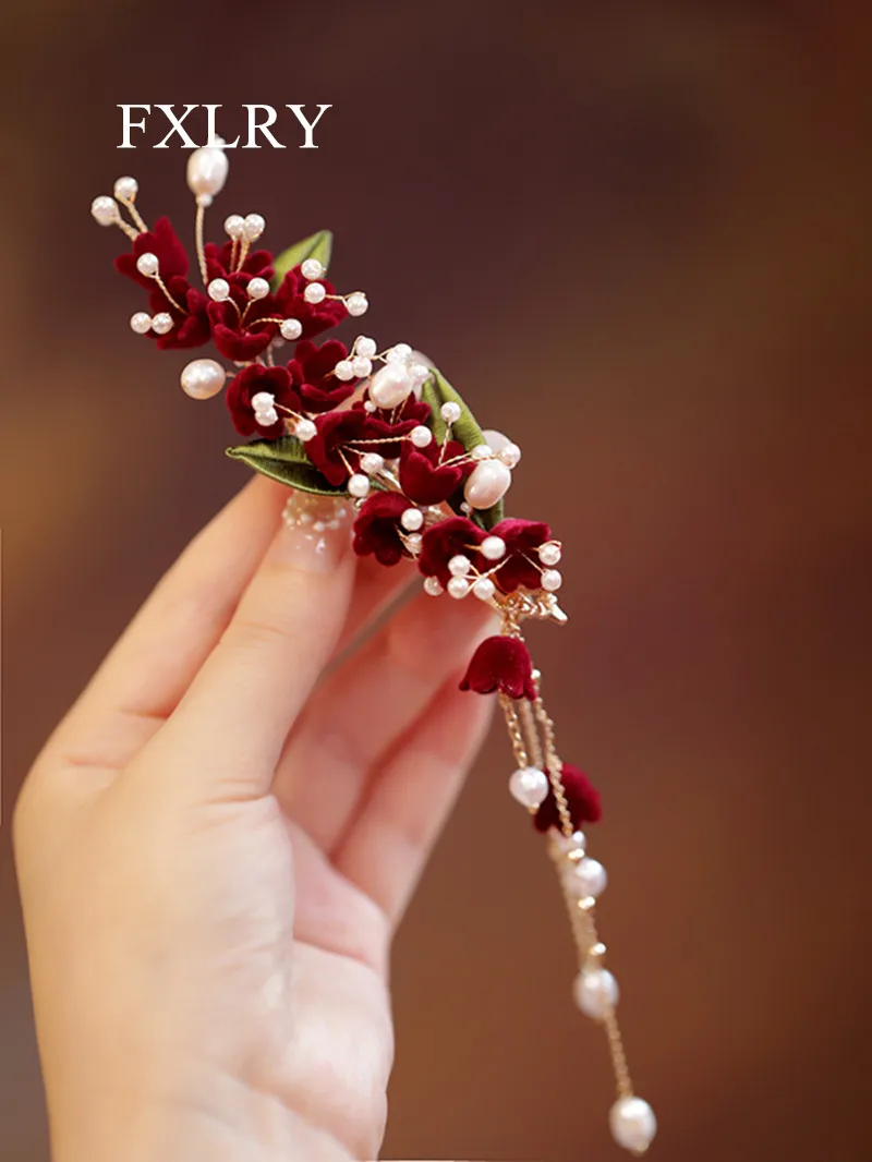 FXLRY Original Handmade Vintage Little Lily Of The Valley Red Pearl Hair Clip Side Fringe Clip Accessories