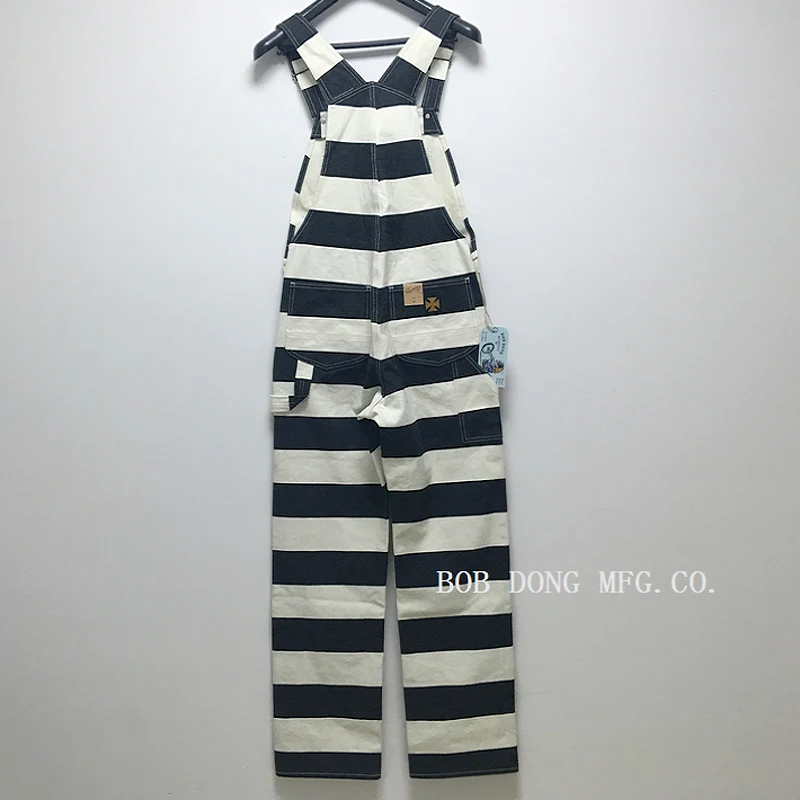 BOB DONG 16oz Cotton Canvas Prison Stripe Overalls Rugged Style Motorcycle Pants