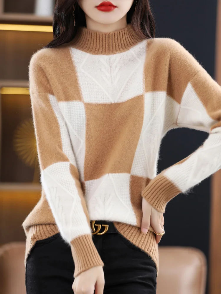 

Fashion Autumn Winter Women Sweater 100% Merino Wool Splicing Mock Collar Knitted Pullover Long Sleeve Clothes Top Casual Jumpee