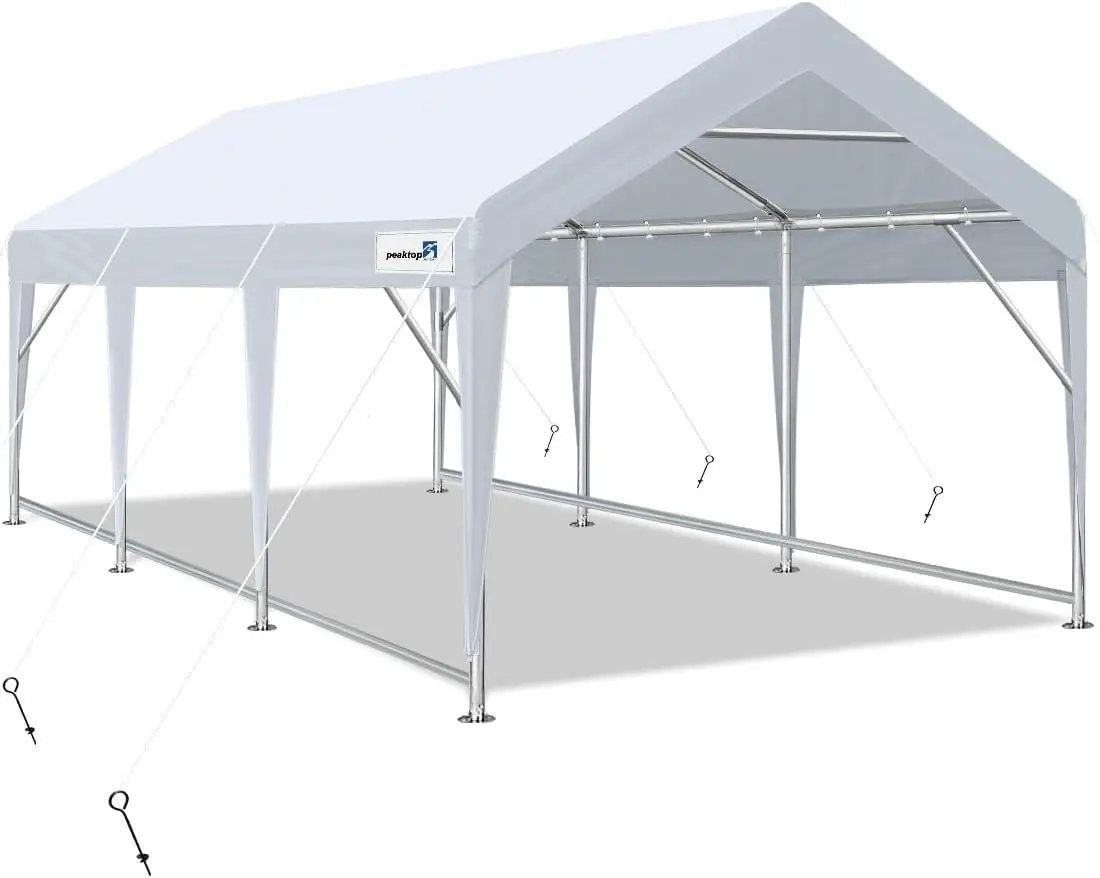 PEAKTOP OUTDOOR 12'x20' Heavy Duty Carport, Portable Car Canopy, Garage Tent, Boat Shelter with Reinforced Triangular Beams