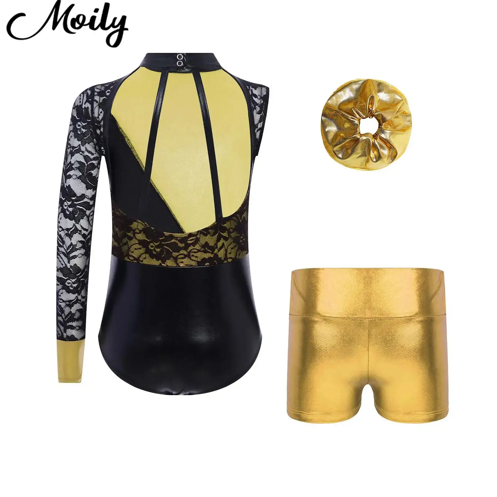 

Kids Ballerina Dancewear Girl Figure Skating Gymnastics Performance Cutout Back Asymmetrical Lace Leotard+Shorts+Hairband Outfit