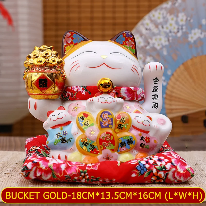 7 Inch Lucky Cat with Waving Arm Ceramic Fortune Cats Statue Money Cat Feng Shui Decor Ornament for Home Office Store Decoration
