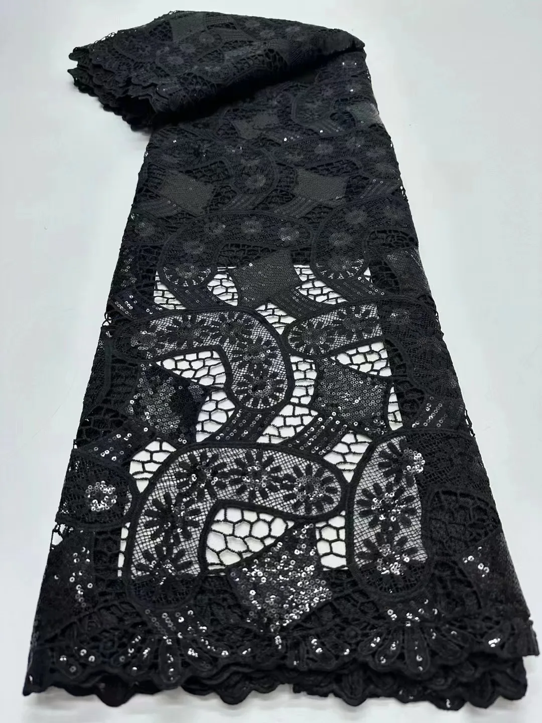 

French Guipure Cord Lace Fabric Black Latest Nigerian African Lace Fabric High Quality Lace Wedding Dresses Material For Sewing