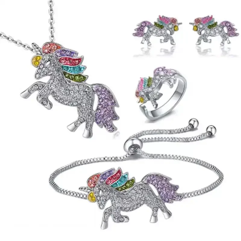 

1 Set Luxury Crystal Unicorn Jewelry Set Cute Gold Color Rainbow Horse Necklace Bracelet Rings Earrings for Girls