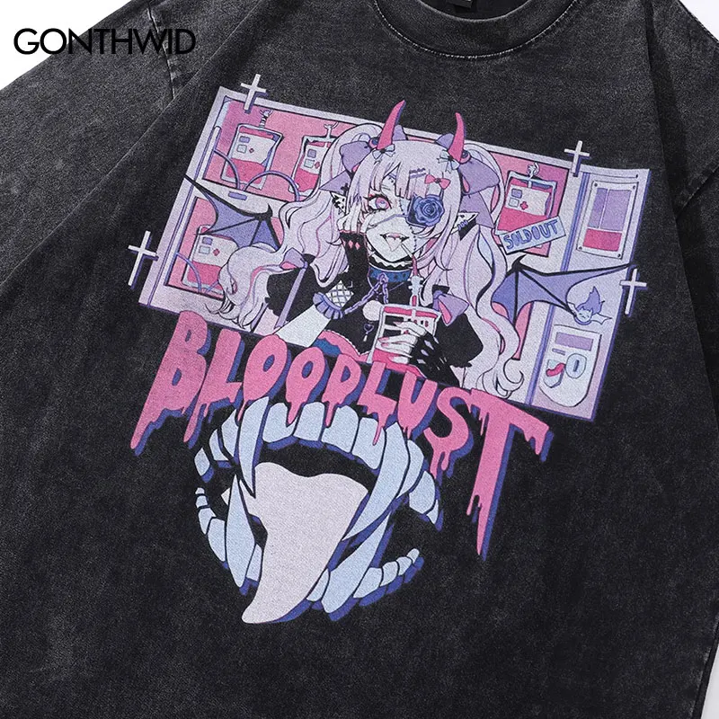 Vintage Punk T-Shirt Hip Hop Japanese Anime Cartoon Devil Girl Teeth Graphic Print Washed Tshirt Harajuku Gothic Oversized Tops