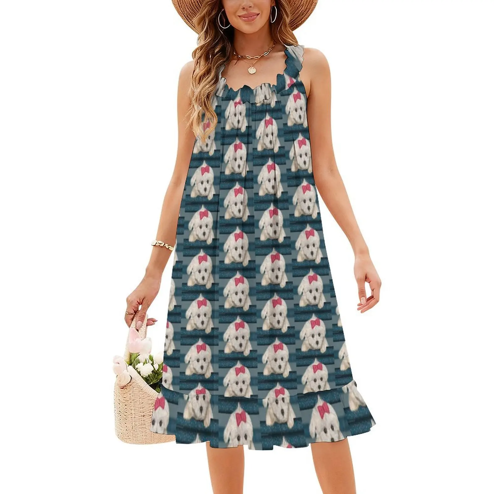 كلب مالطي لطيف مع فرو كريمي وشريط أحمر فستان بوهيمي عتيق بأكمام منتفخة أو خيارات بدون أكمام للنساء فستان مالطي #4