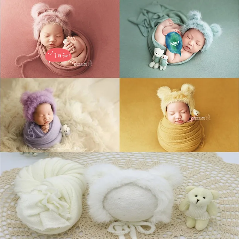 

3pcs/set Newborn Photography Props Blanket Hat Baby Photography Wrap Props Bear Doll Baby Photo Accessories