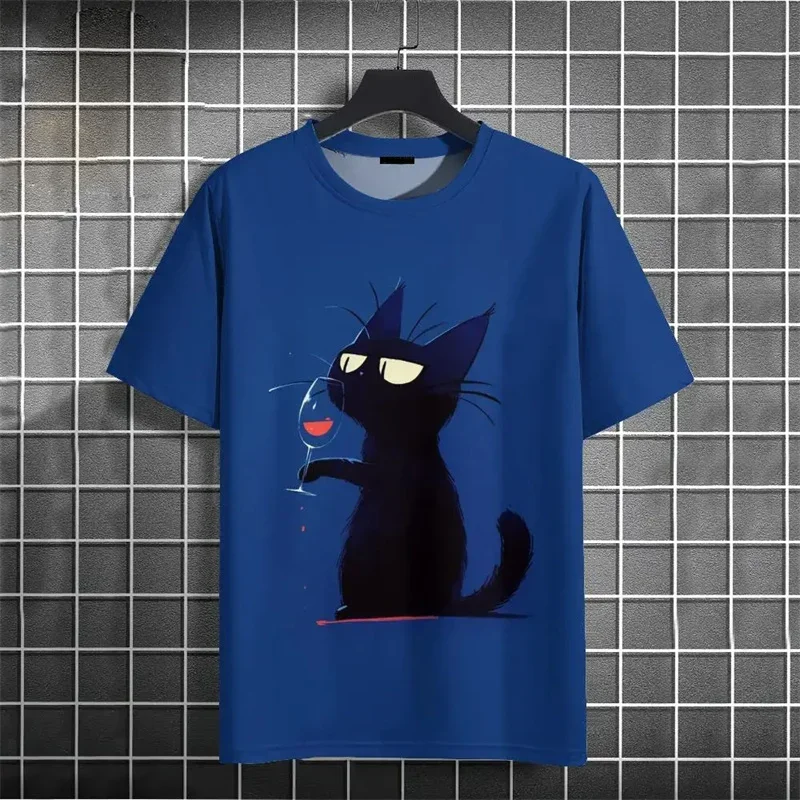 Funny Black Cat Wine Glass Art Print T‑Shirt Creative Cartoon Graphic Short Sleeve Casual Streetwear Tee Tops