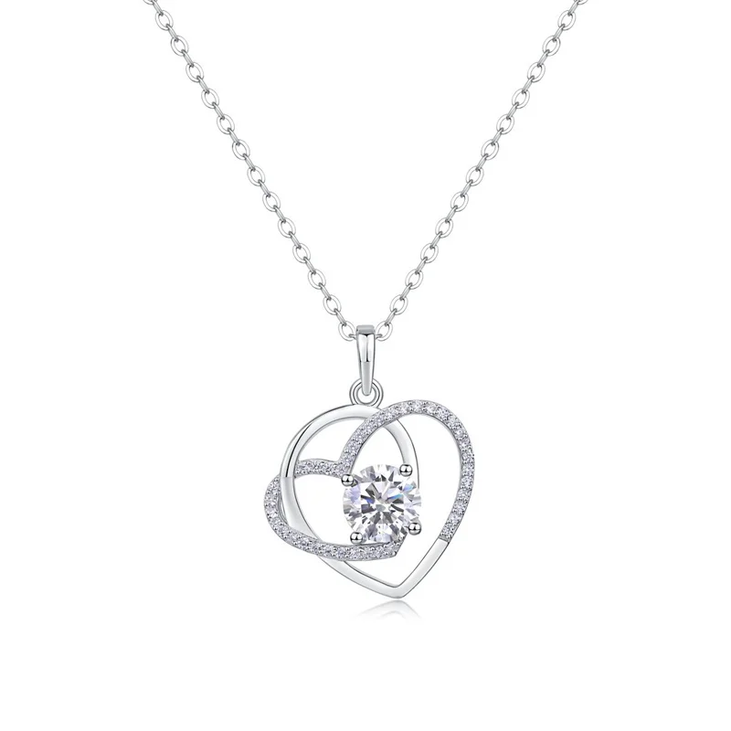 

ZFSILVER Trendy Fashion 925 Silver Color D White 1ct Moissanite Double Heart Necklace Charms Women Party Jewelry Gift P13620-6.5