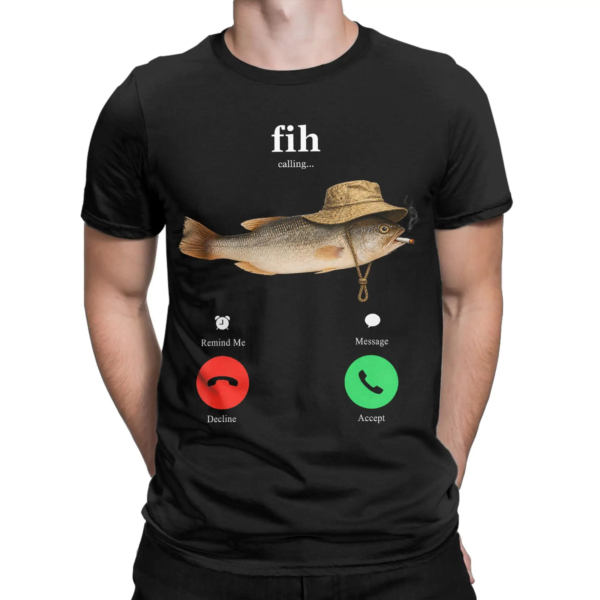 Men T-Shirt Fih Calling Remind Me Message Decline Accept Smoking Hipster 100% Cotton Tee Shirt Short Sleeve  T Shirt