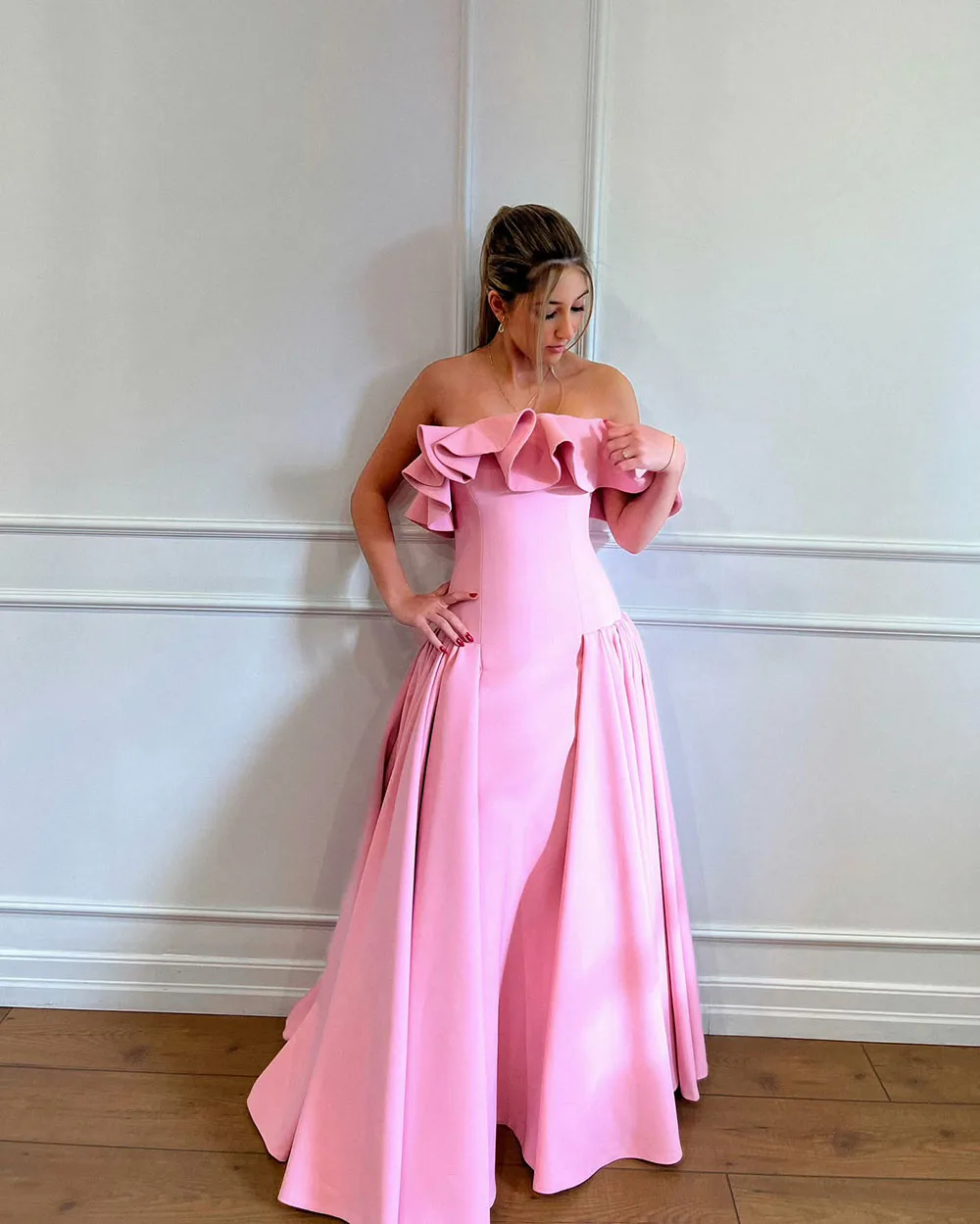 Customized Elegant Hot Pink Prom Dress 2025 Ruffle Strapless Ball Gown Graduation Party Occasions Dress Layered Formal Gown