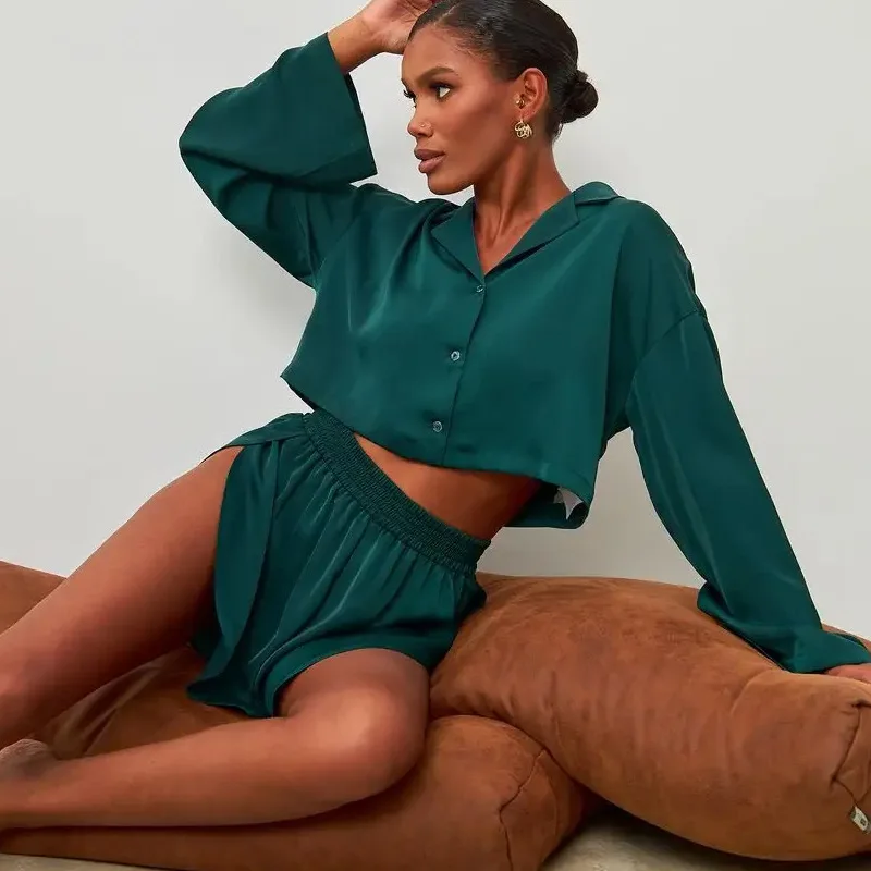 

Women Pajama Set Casual Ladies Loungewear Set Loose Lapel Short Long Sleeve Shorts Two-piece Set