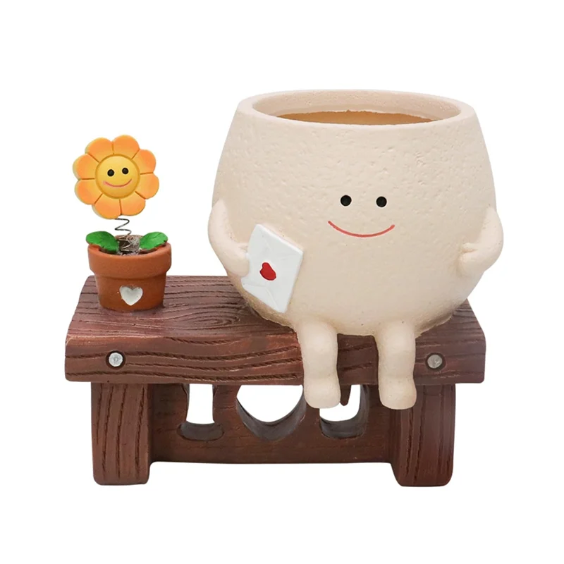 

ABGE-Cute Smileyface горшок для цветов, сидящий цветочный горшок с подсолнечником, кашпо из смолы для внутреннего и наружного забавных горшков для стульев для сидения