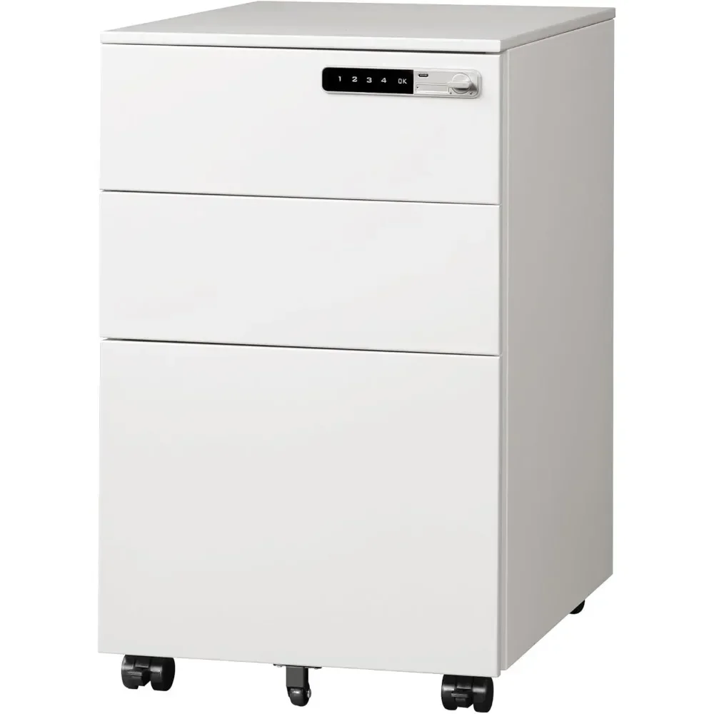 

3-drawer Mobile Filing Cabinet with Smart Lock, Pre Installed Steel Base Under The Desk, White Office Filing Cabinet