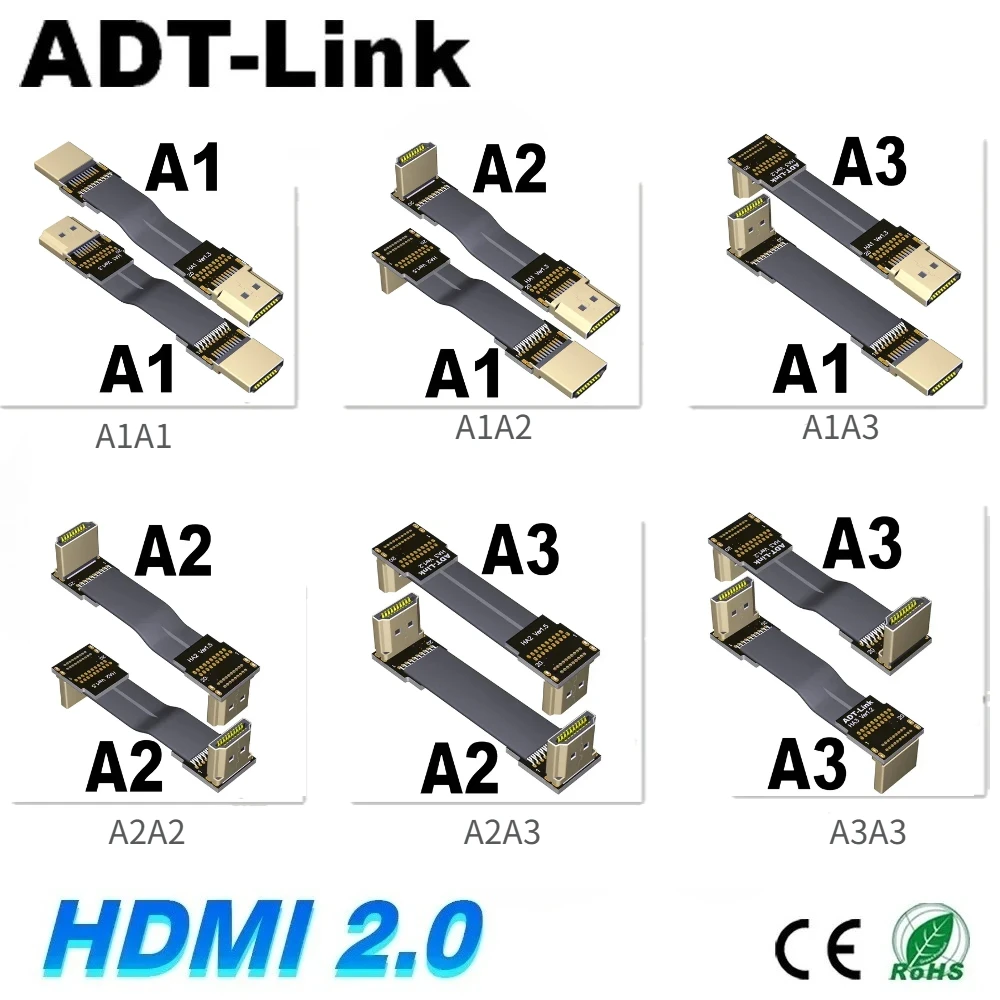 ADT FPV HDMI-2.0 Standard Male To Male Elbow Flat Cable Type A-A Built-in Extension Cable Support 2K/144hz 4K/60Hz Computer Wire