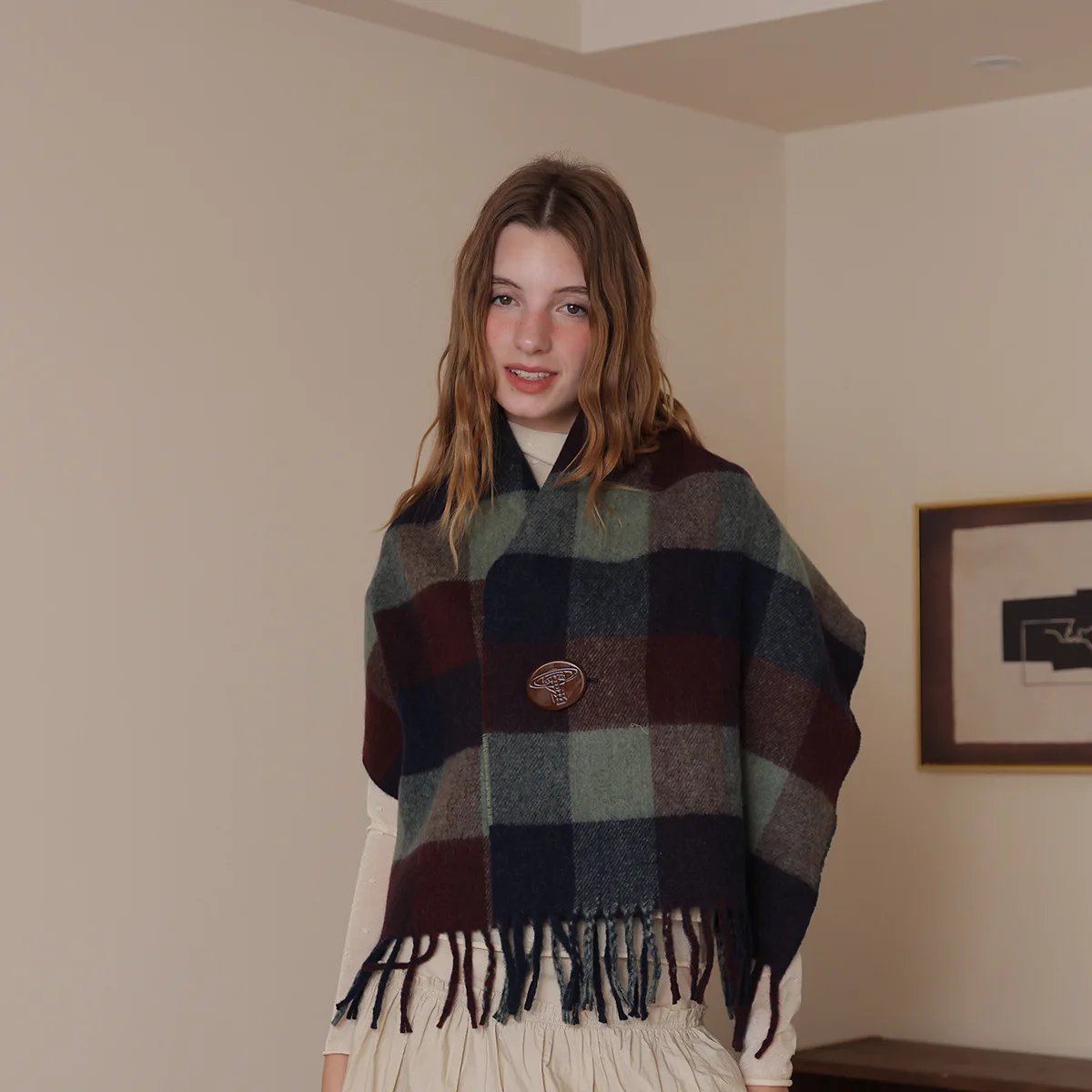 

2025 Winter New Wool Blended Checkered Cloak Shawl for External Use Atmosphere Scarf Dual purpose Cloak Cold Warm Women's Scarf