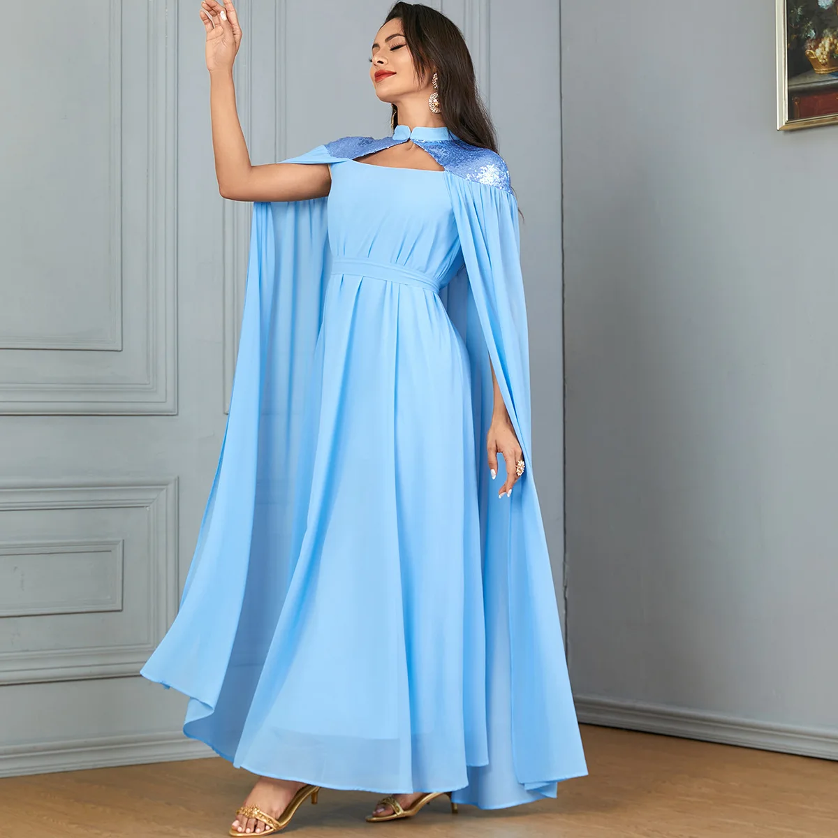 3863 Robe Muslim Clothing Solid Color Fashion Loose Sleeveless Shawl Large Swing Long Dress