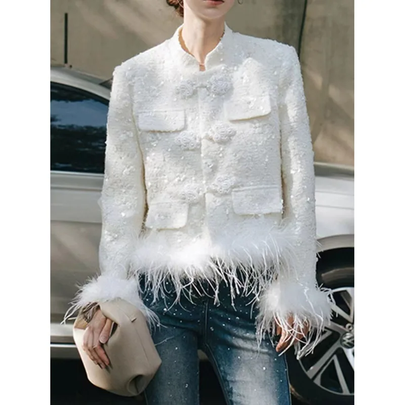 [EWQ] French Luxury Style Pearls Design Spliced Tassel Coat Temperament Women Winter Outerwears 2024 Autumn New Fashion 16O3132