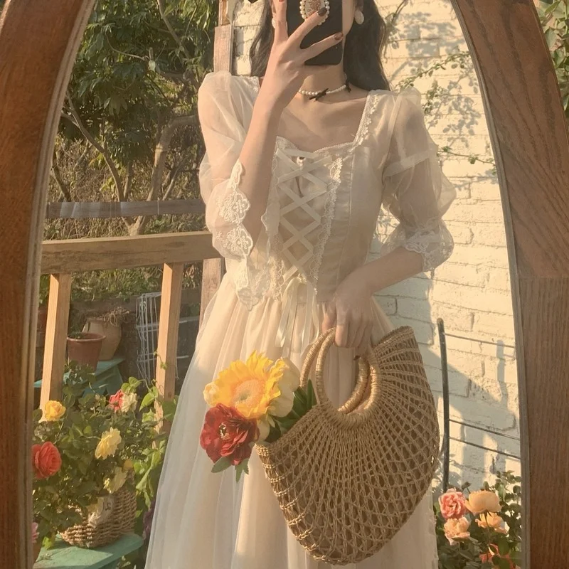 

French Vintage Midi Dress Women Lace Elegant Princess Party Fairy Dress Female 2024 Spring Casual Korean Wedding Dress