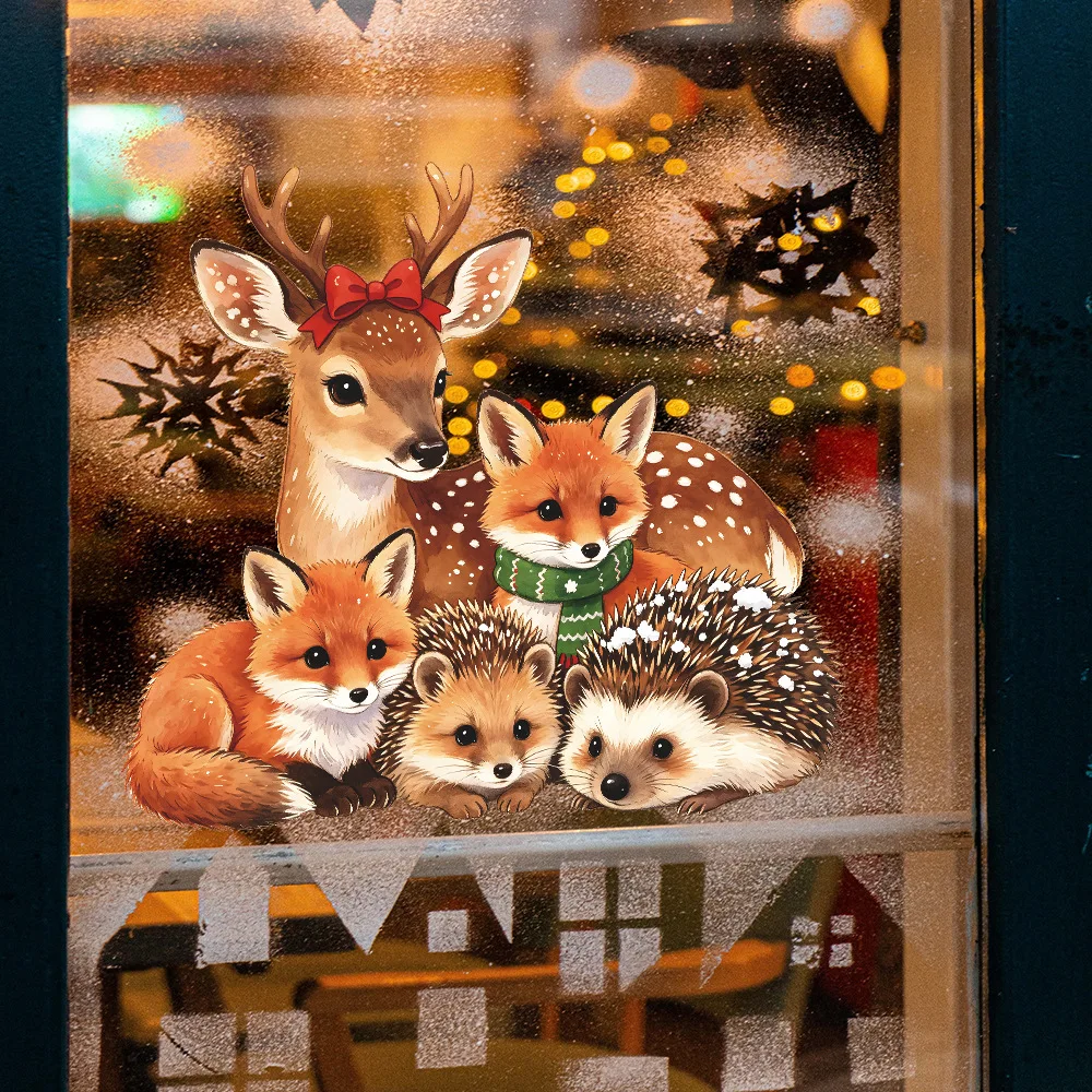 Self‑Adhesive Christmas Cartoon Reindeer Hedgehog Window Decal, Holiday Decor Sticker for Outdoor Glass Window Beautification