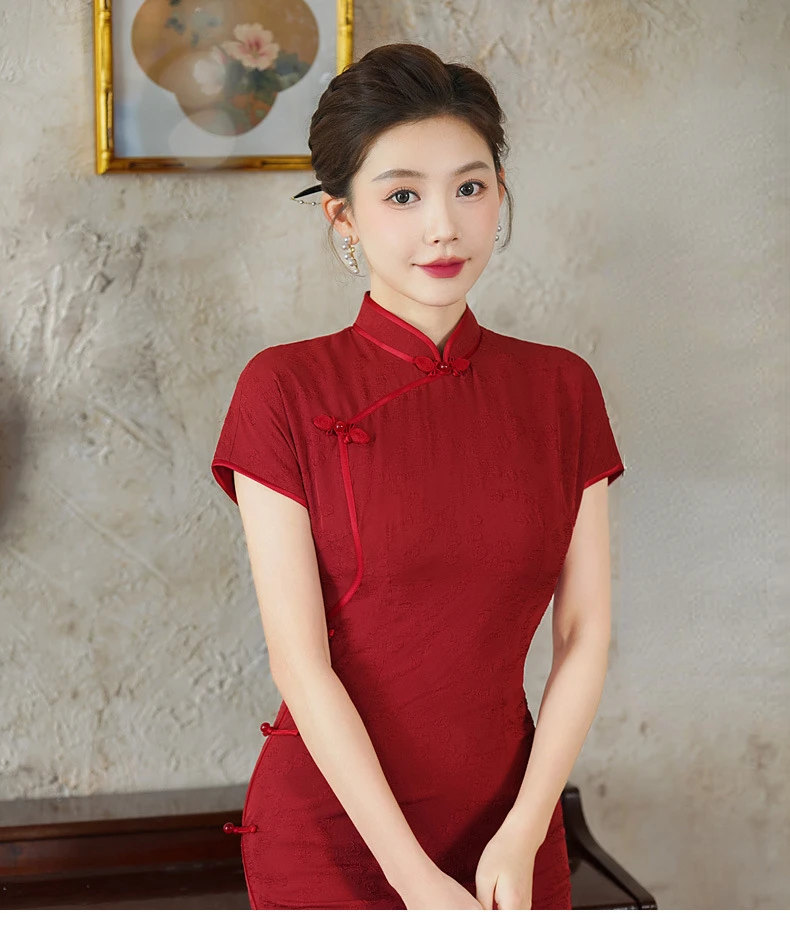 

Vintage Red Short Sleeve Qipao Elegant Women Cheongsam Mandarin Collar Sexy Chinese style Dress Vestidos