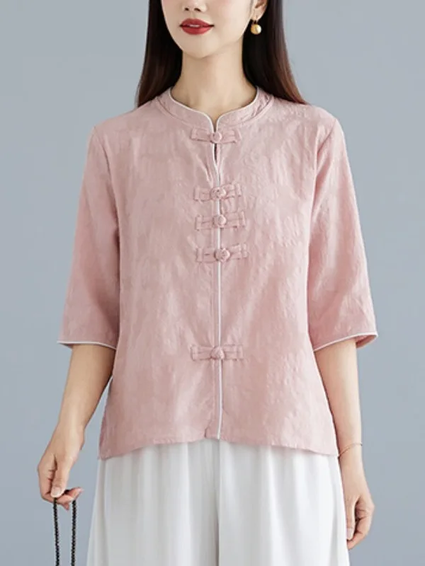 

Женская рубашка большого размера с вышитым цветочным воротником, воротником-стойкой, рукавом 3/4, из хлопка и льна, повседневная, модная, для офиса, на пуговицах