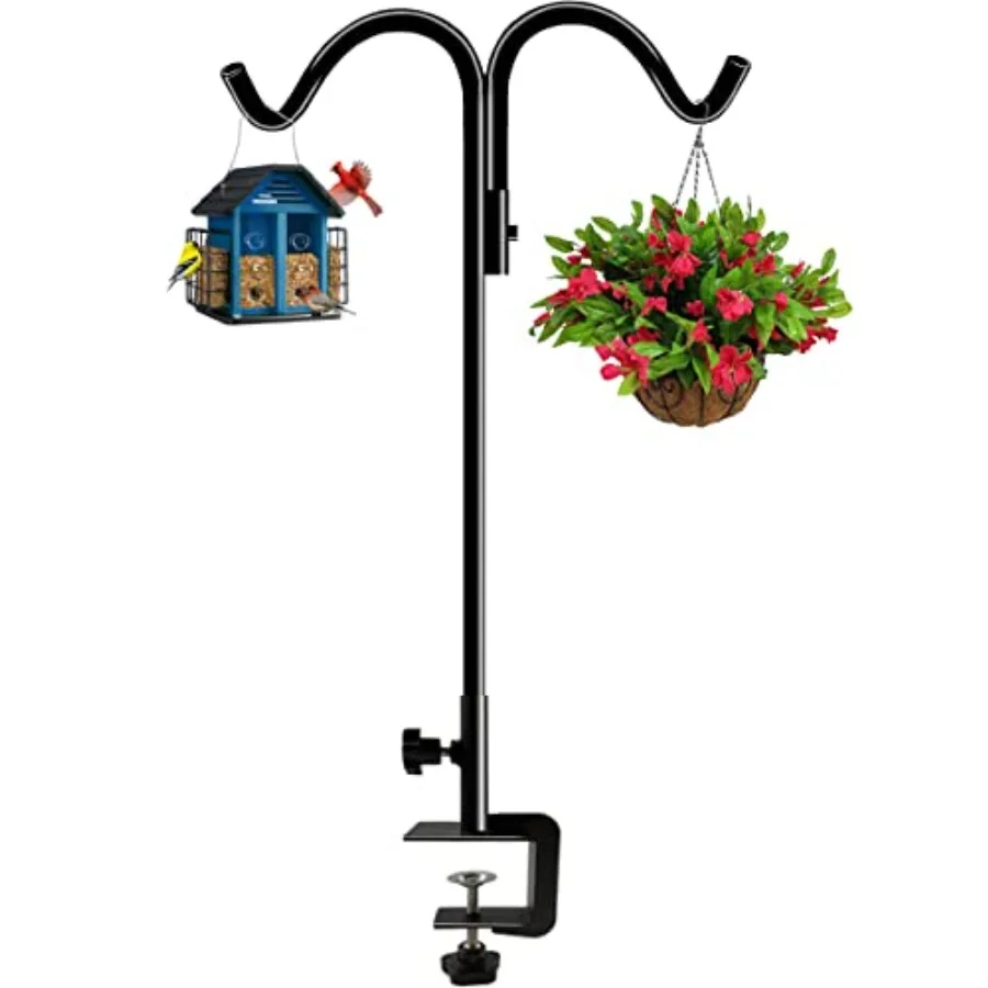 

40 Inch Tall Double Deck Hook for Railing Adjustable Outdoor Shepherds Hook with -Inch Strengthened Clamp for Hanging Plant Bir