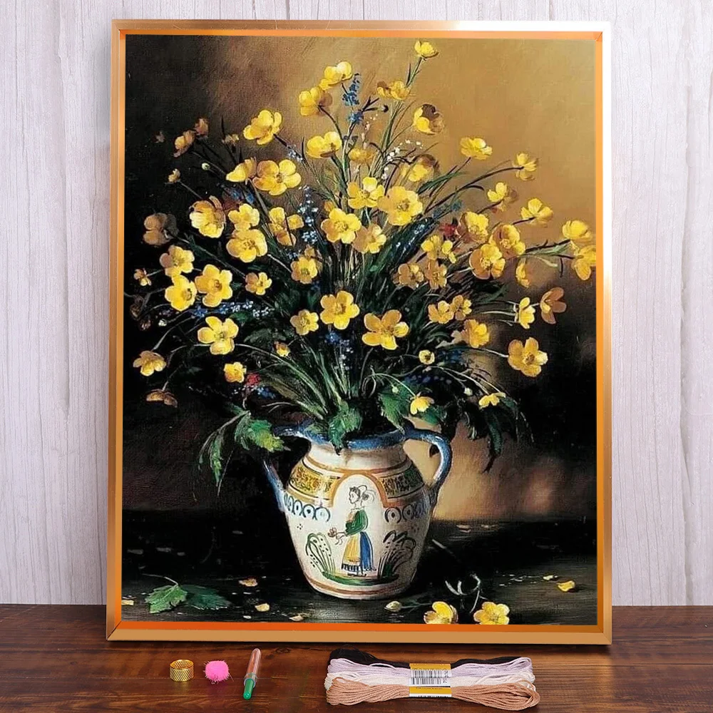 

Still Life Flower Printed Fabric Cross Stitch Set Embroidery DMC Threads Craft Hobby Painting Needlework Package Sales Different