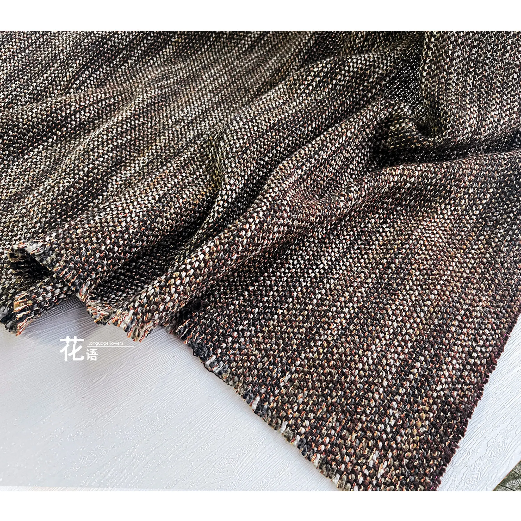 Apricot Black Tweed Designer Fabric Thick Textured Weave for Warm Coats, Dresses, Costume Making and Handmade Clothing Projects