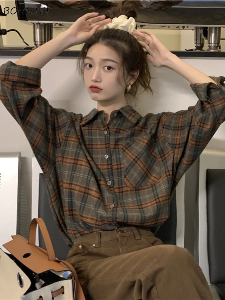 Vintageลายสก๊อตเสื้อผู้หญิงหลวมCausal Preppy All-Matchคู่ฤดูใบไม้ผลิฤดูใบไม้ร่วงOutwearออกแบบนักเรียนความงามเสื้อผ้าTops