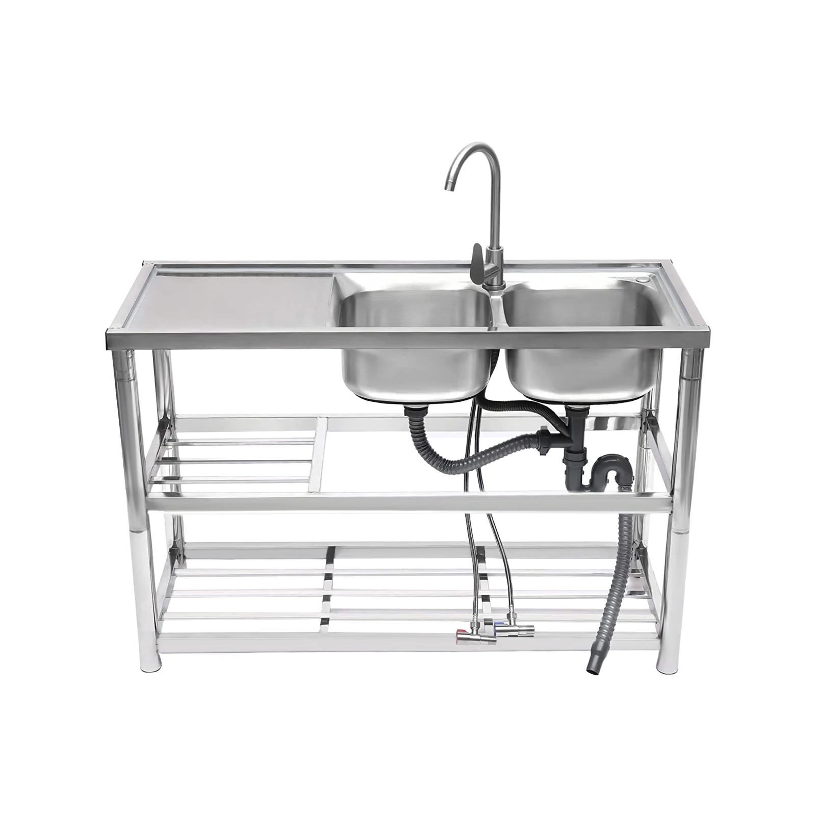 2 Compartment Commercial Sink Stainless Steel Kitchen Utility Sink w/ Prep Table Cold & Hot Water For Garages, Basements