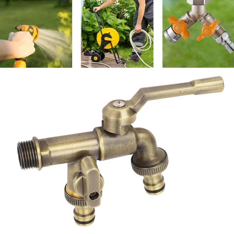 

Outdoor Double Taps Water Faucet Kit 3/4in Inlet Wall Mounted Brass Frost Proof Outside Antique Brass Water Tap Splitter With 2