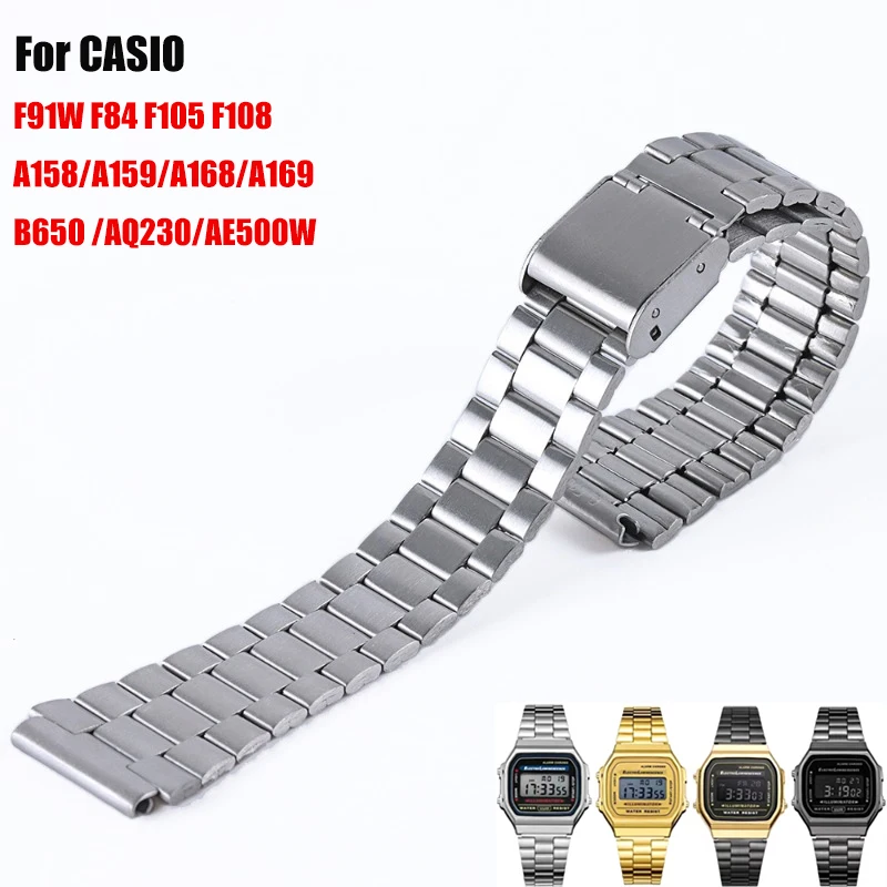 For CASIO Watchband Stainless Steel Strap for F91W F84 F105 F108  A158 A168 AE1200 AE1300 B650 AQ230 AE500W Metal Strap 18mm