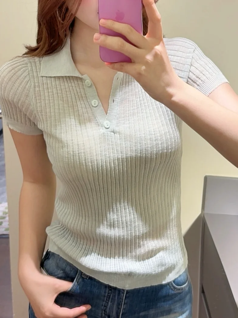 MosesQueen Queen  Neck Slim Fit Knitted Short Sleeve Versatile T-Shirt Top Casual Style Cotton Summer Fashion for Women