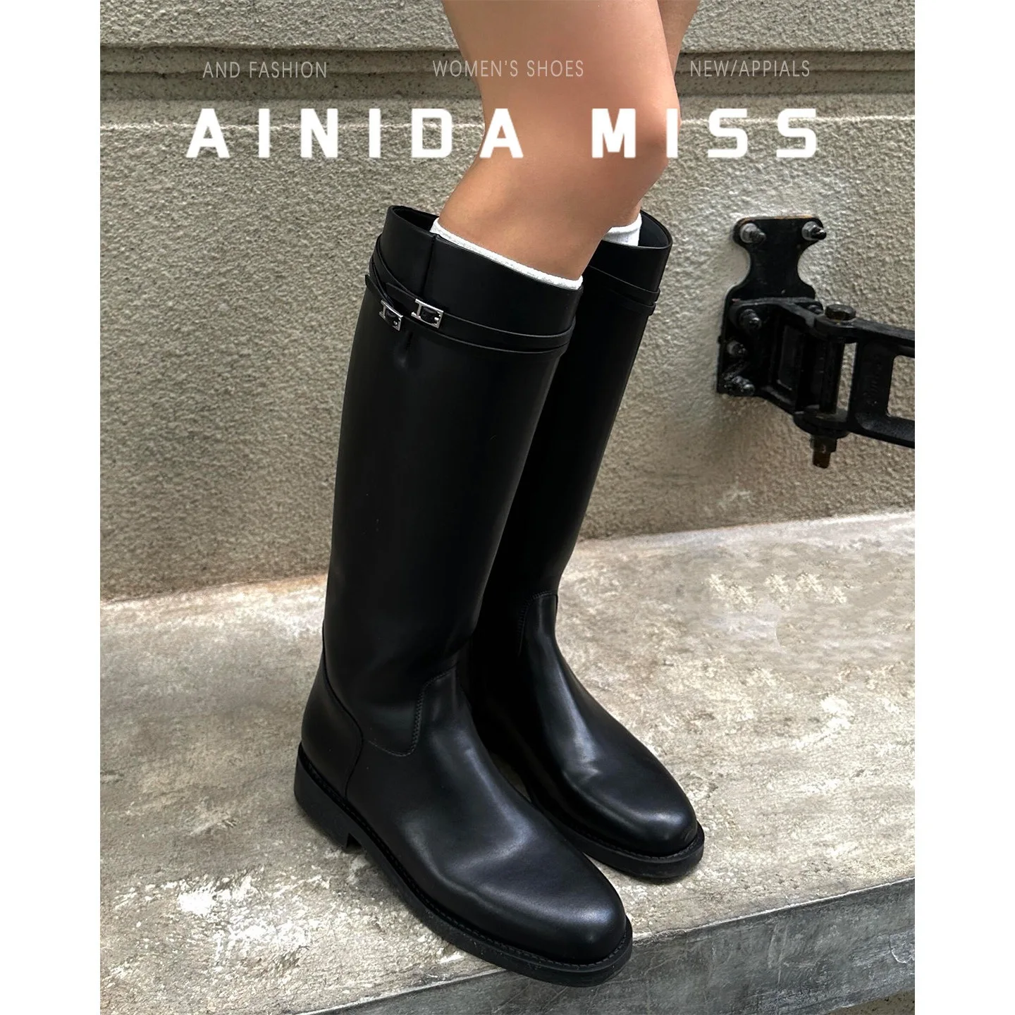 ZR DIARY Leather Long Boots Women Split Leather Knight Boots Buckle Decoration Round Toe Ladies Autumn Shoes 709