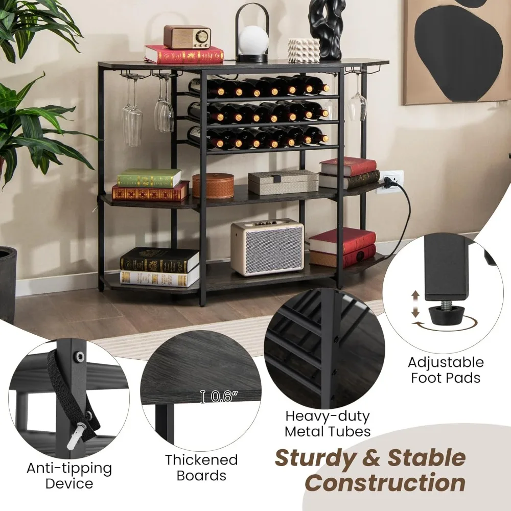 Wine Bar Cabinet, 3-Tier Liquor Cabinet with Power Outlets, Wine Bottle Racks, Glass Holders, Coffee Bar Cabinet, Freestanding