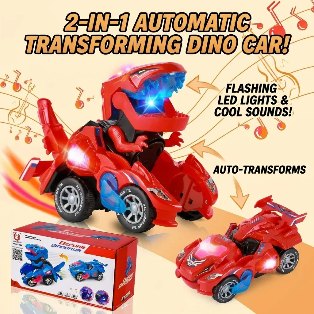 2-in-1 Automatic Transforming Dinosaur Car Toy with Light Music, Deformation Dino Robot Vehicle Educational Gift for Kids Boys