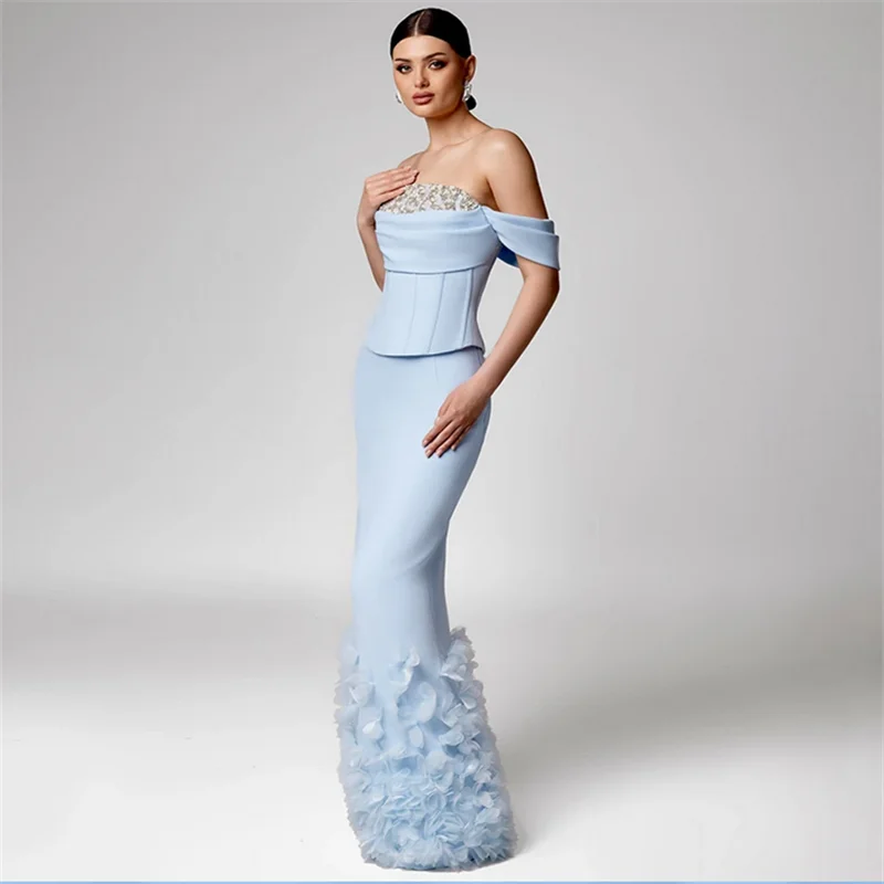 

Sky Blue Evening Dress فساتين سهرة Customized Off The Shoulder Beading Crystal Floor Length Arabian Corset Prom Gown