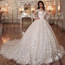 Pretty Generous Long Sleeve Wedding Dresses A Line Lace Appliques Beads Bride Gowns Sequins Princess Tulle Illusion Sweep Train